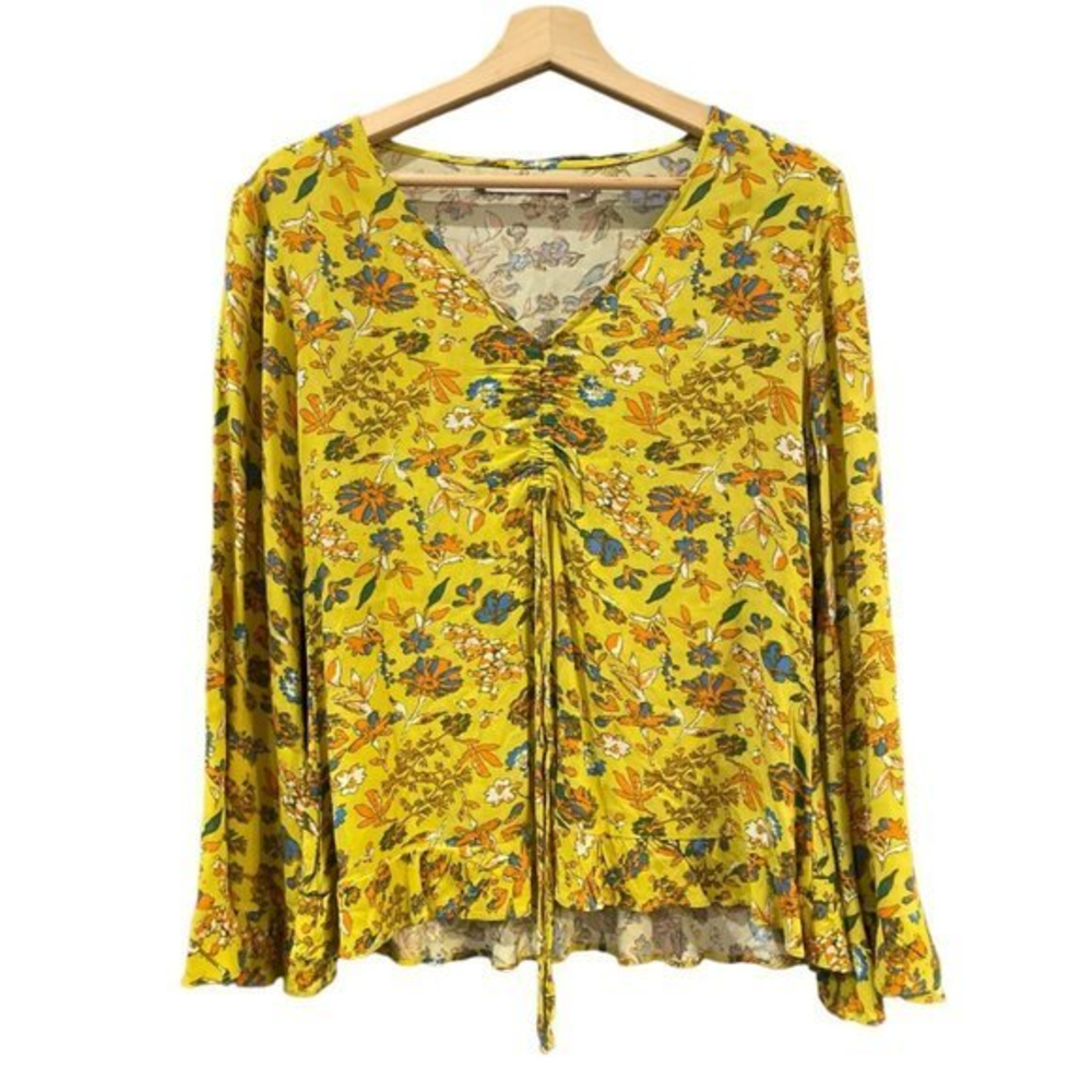 Chelsea & Violet Womens Yellow Long Sleeve‎ Blouse Small Ruched Front Peasant
